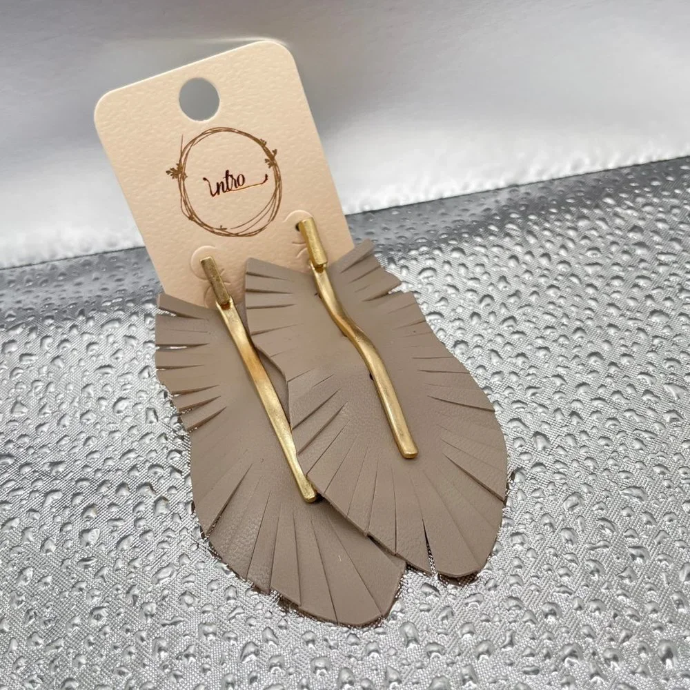 New! Leather Leaf Fringe Drop Earrings in Taupe - Picture 2 of 4